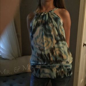 BCBG Tie Neck Blue Floral Top